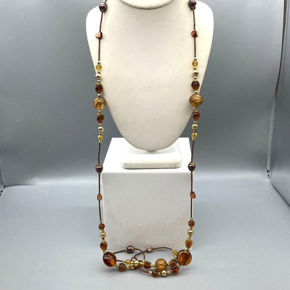 Super Long Bronze Beaded Vintage Necklace, Flashy Art Glass Stations on Seed Bea - Picture 2 of 5